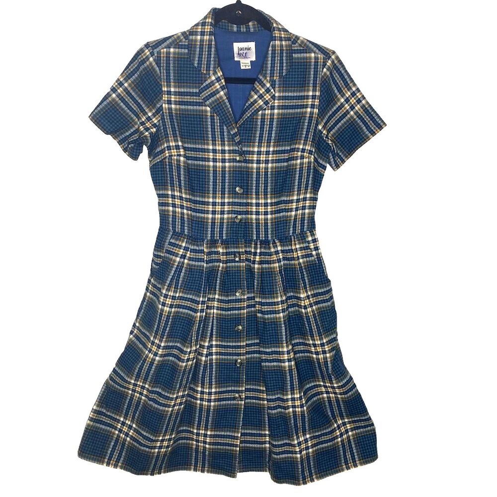 JOANIE Shirt Dress Flannel Plaid Mini V-Neck Short Sleeve Pockets Womens 4 Teal